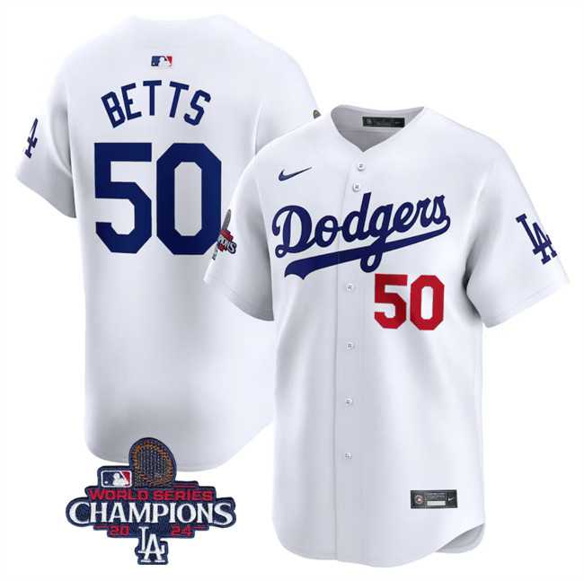 Mens Los Angeles Dodgers #50 Mookie Betts White 2024 World Series Champions Home Limited Stitched Baseball Jersey